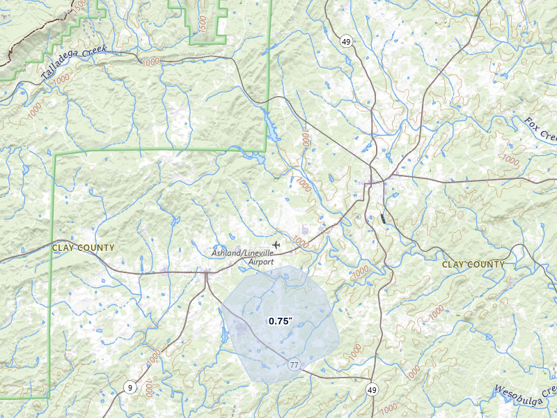NEXRAD radar-signature map of the hail over Ashland, AL