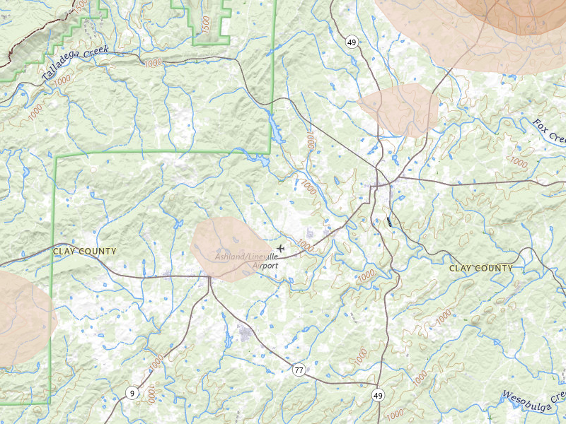 Radar-estimated hail-size map of the storm over Ashland, AL on Jul 1, 2026