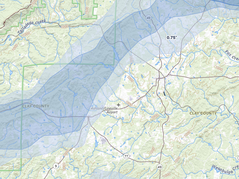 NEXRAD radar-signature map of the hail storm over Ashland, AL on Jul 1, 2026