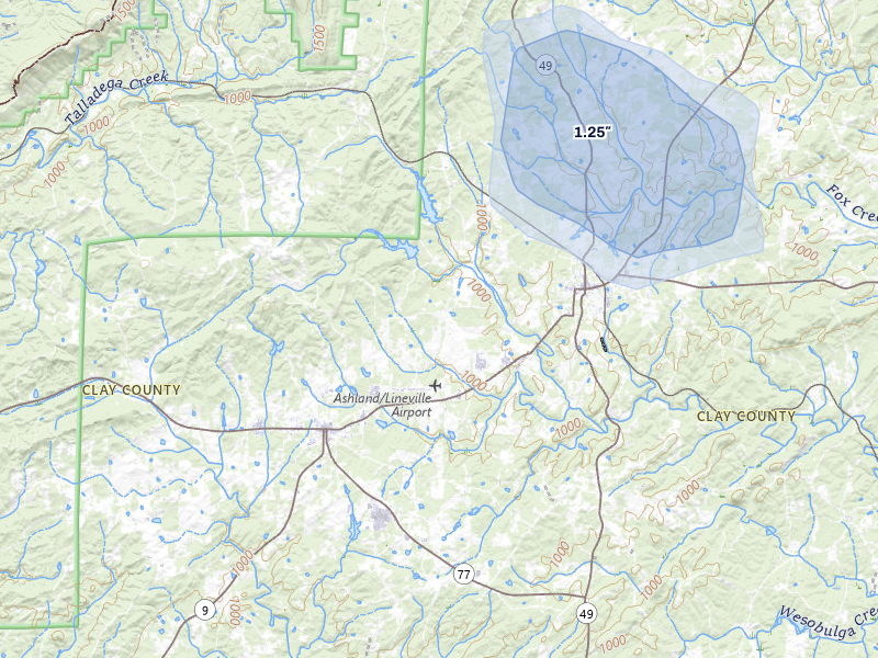 NEXRAD radar-signature map of the hail storm over Ashland, AL on Jul 5, 2026