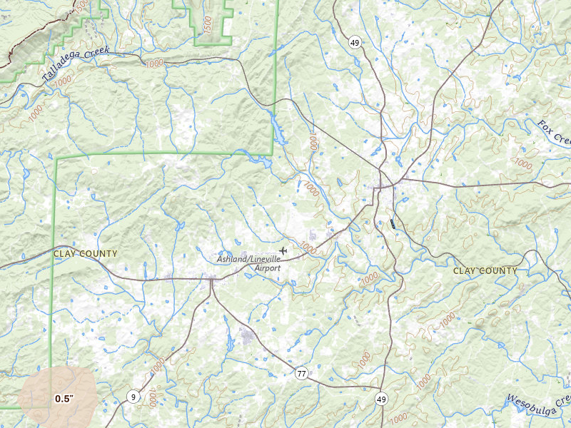 Radar-estimated hail-size map of the storm over Ashland, AL on Jul 6, 2026