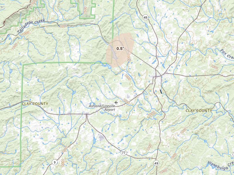 Radar-estimated hail-size map of the storm over Ashland, AL on Jul 19, 2026