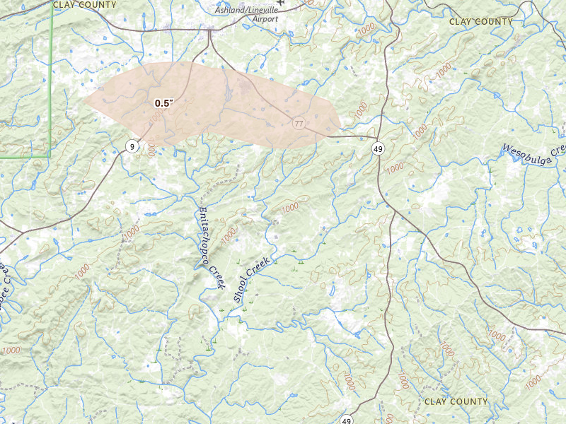 Radar-estimated hail-size map of the storm over Ashland, AL on Aug 1, 2026