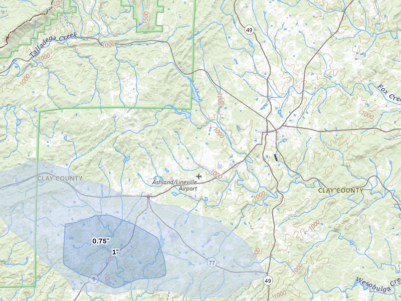 NEXRAD radar-signature map of the hail storm over Ashland, AL on Aug 1, 2026