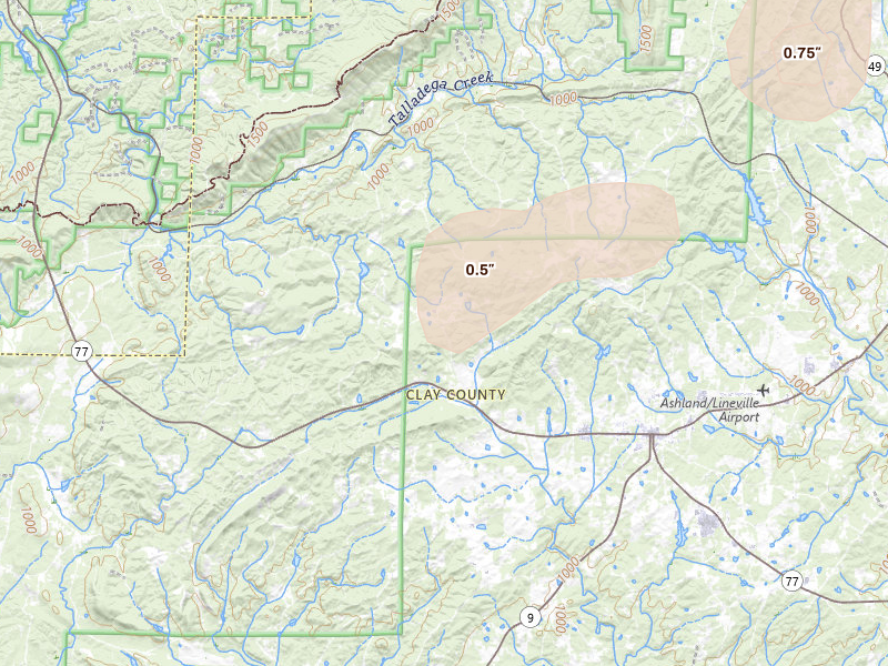 Radar-estimated hail-size map of the storm over Ashland, AL on Aug 6, 2026