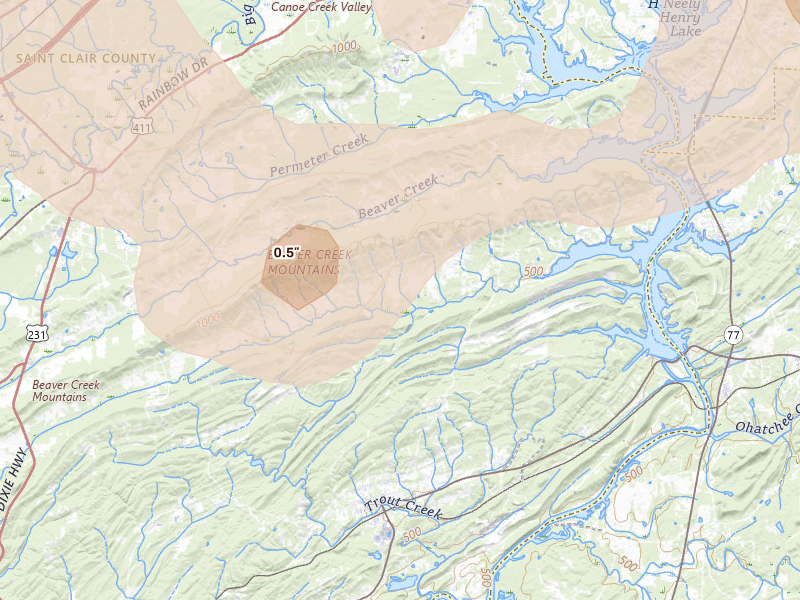 Radar-estimated hail-size map of the storm over Ashville, AL on Jul 1, 2026