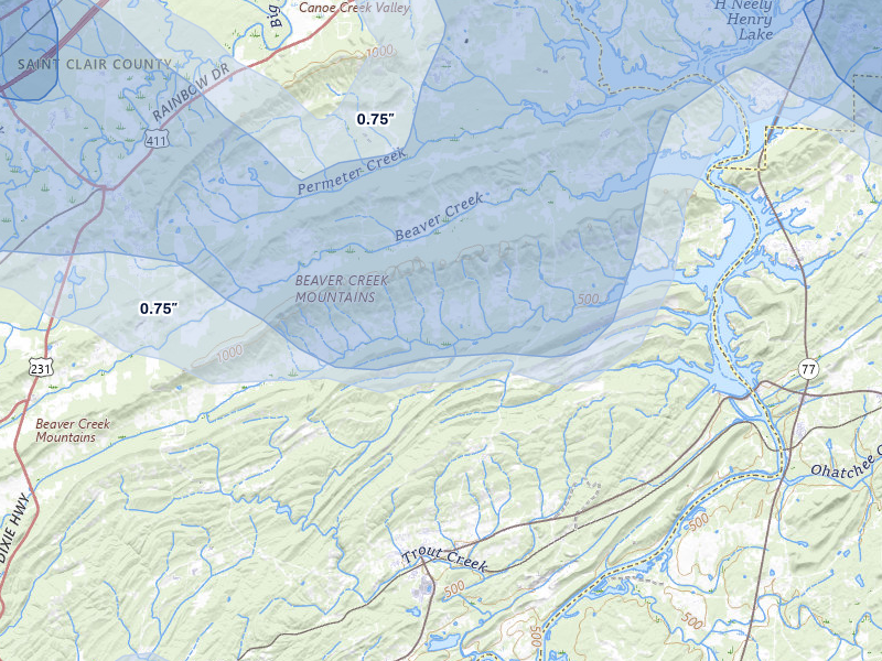 NEXRAD radar-signature map of the hail over Ashville, AL