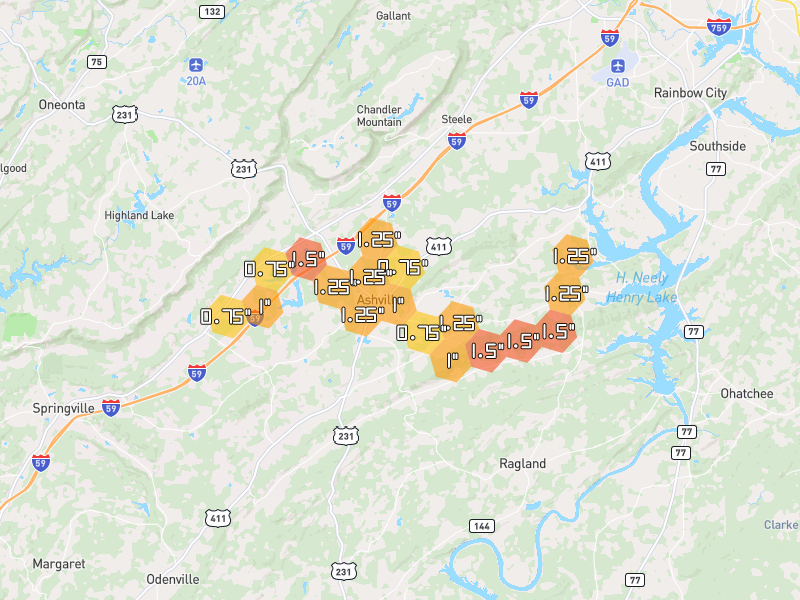 Hail map of Ashville, AL on Jul 1, 2026, hail up to 1.5"