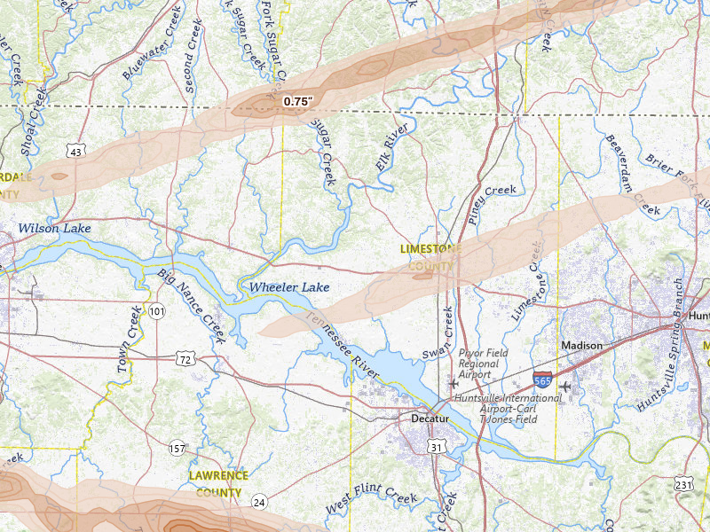 Radar-estimated hail-size map of the storm over Athens, AL on Feb 26, 2026