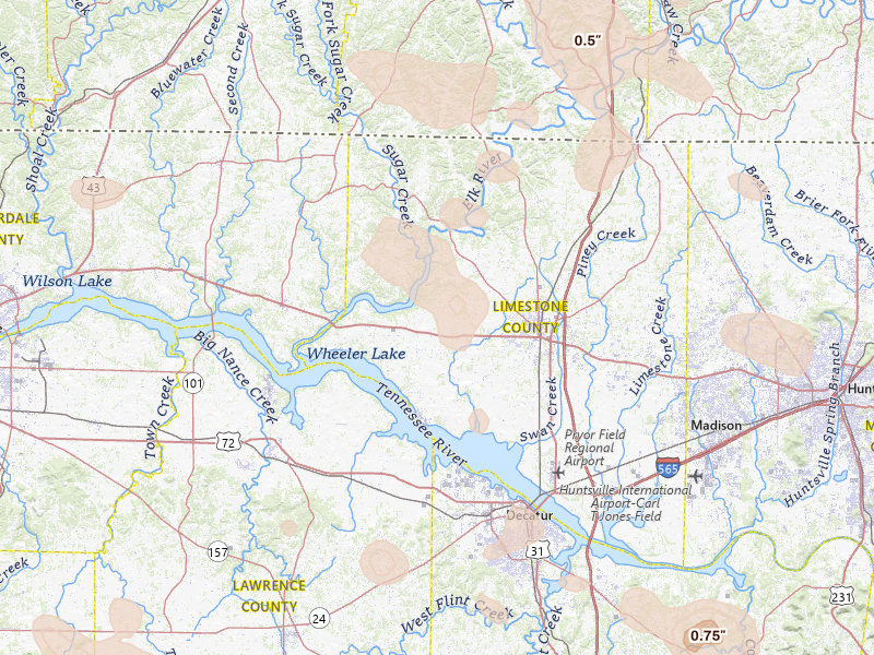 Radar-estimated hail-size map of the storm over Athens, AL on Jun 1, 2026