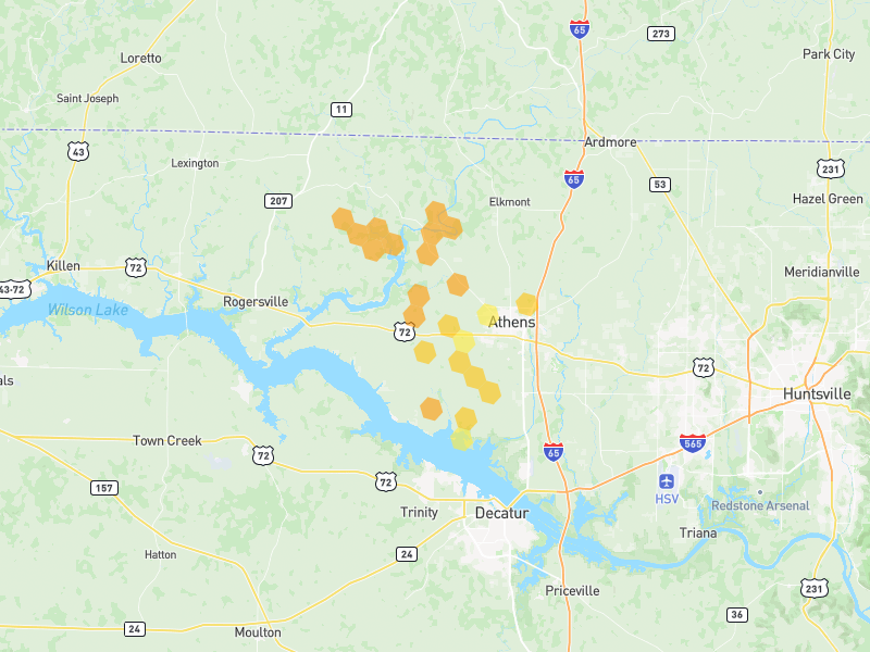 Hail map of Athens, AL on Jun 1, 2026, hail up to 1.25"