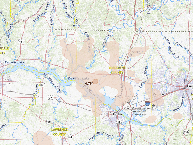 Radar-estimated hail-size map of the storm over Athens, AL on Jul 1, 2026