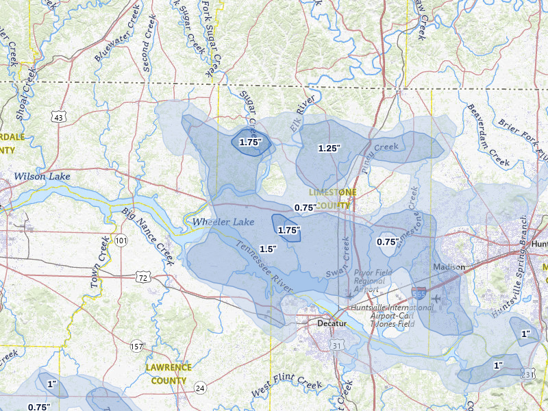 NEXRAD radar-signature map of the hail storm over Athens, AL on Jul 1, 2026