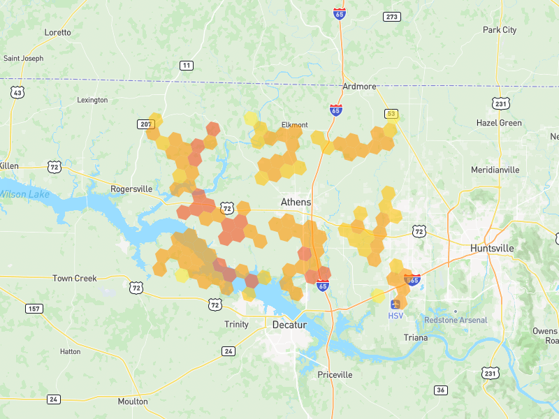 Hail map of Athens, AL on Jul 1, 2026, hail up to 1.75"