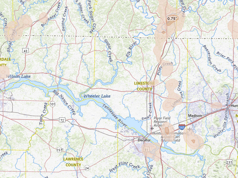 Radar-estimated hail-size map of the storm over Athens, AL on Jul 3, 2026