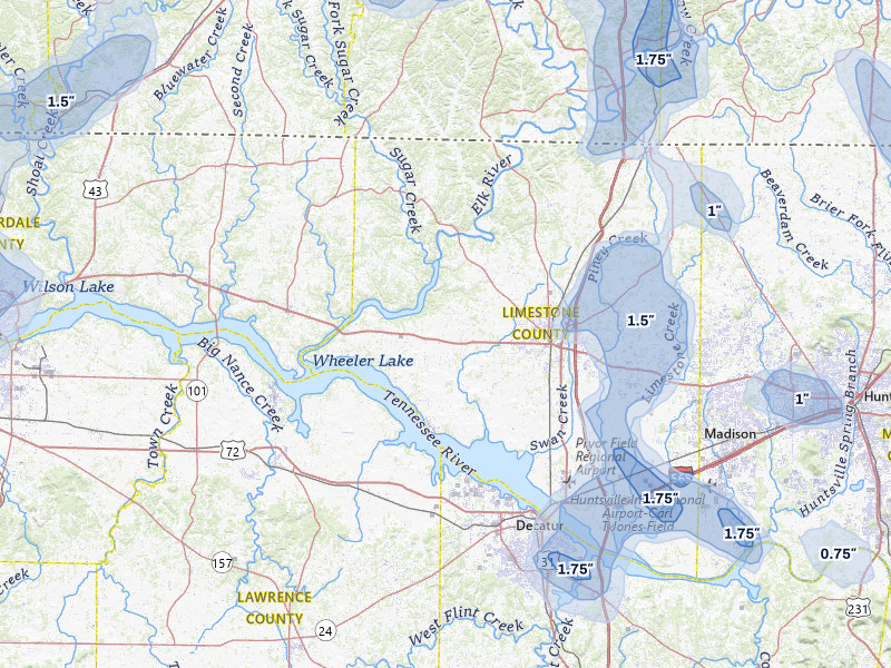 NEXRAD radar-signature map of the hail storm over Athens, AL on Jul 3, 2026