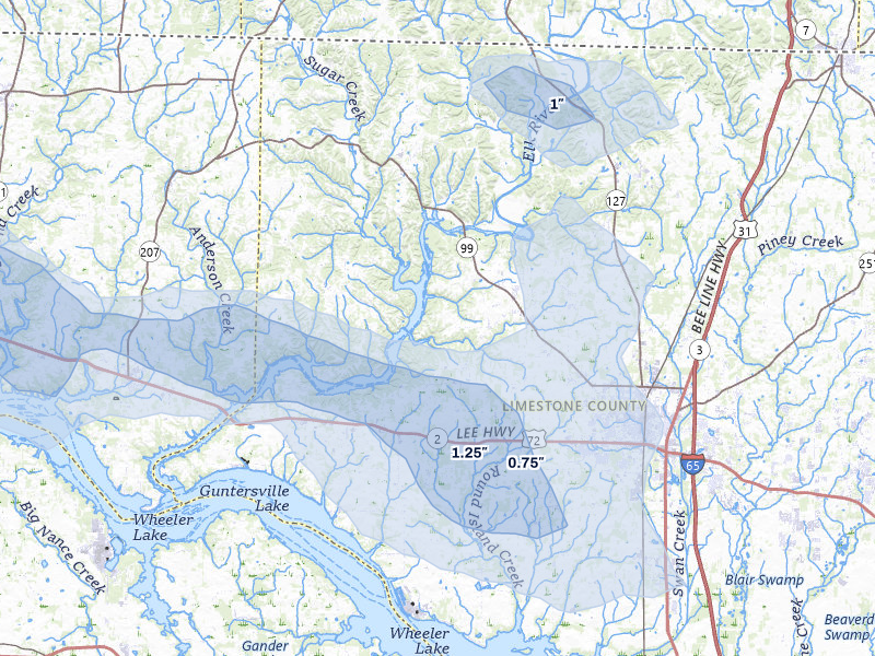 NEXRAD radar-signature map of the hail storm over Athens, AL on Jul 9, 2026