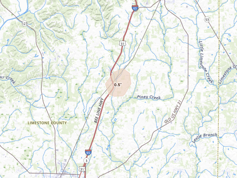 Radar-estimated hail-size map of the storm over Athens, AL on Aug 7, 2026