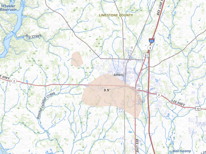 Radar-estimated hail-size map of the storm over Athens, AL on Aug 17, 2026