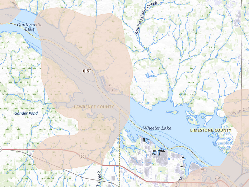 Radar-estimated hail-size map of the storm over Athens, AL on Aug 20, 2026