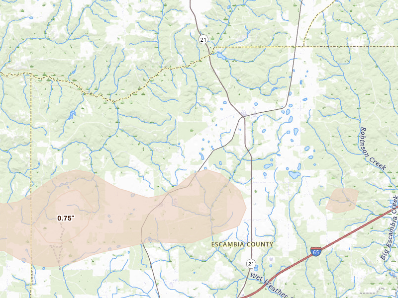 Radar-estimated hail-size map of the storm over Atmore, AL on May 6, 2026