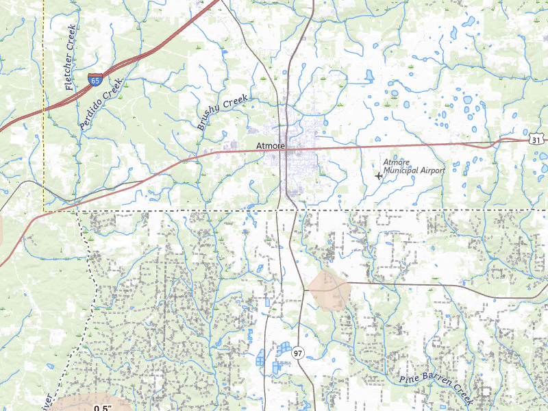 Radar-estimated hail-size map of the storm over Atmore, AL on Aug 17, 2026