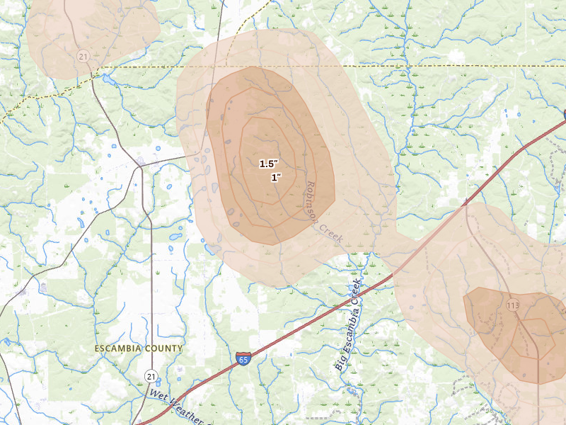 Radar-estimated hail-size map of the storm over Atmore, AL on Aug 18, 2026