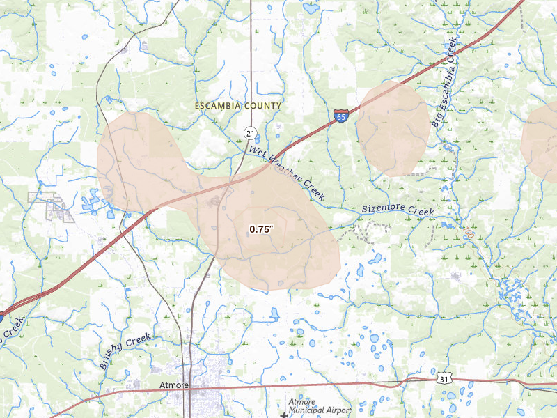 Radar-estimated hail-size map of the storm over Atmore, AL on Aug 19, 2026