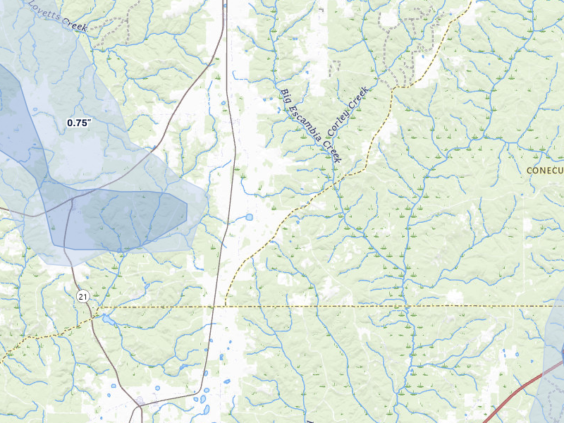 NEXRAD radar-signature map of the hail storm over Atmore, AL on Aug 19, 2026