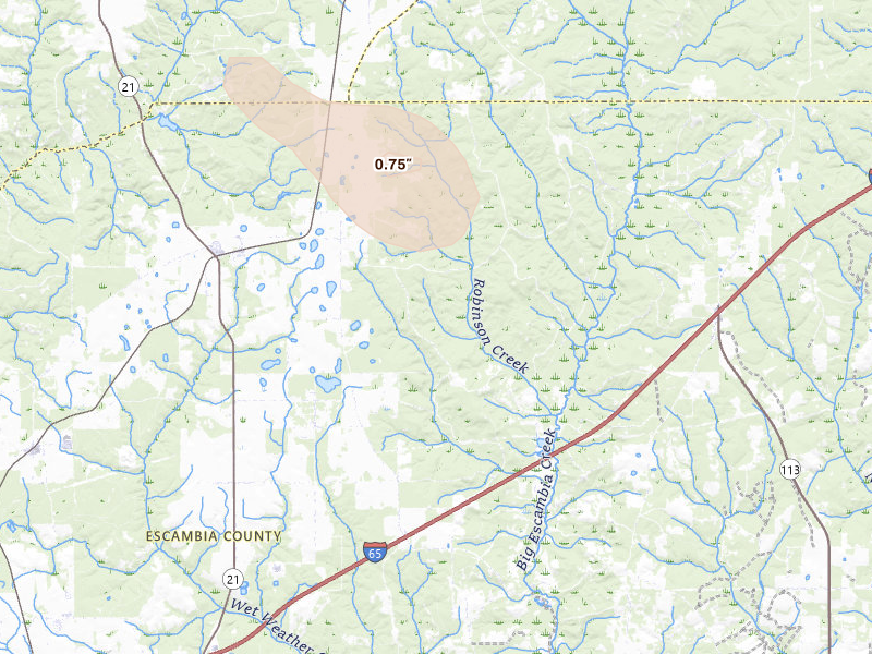 Radar-estimated hail-size map of the storm over Atmore, AL on Aug 21, 2026