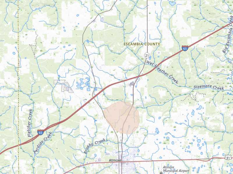 Radar-estimated hail-size map of the storm over Atmore, AL on Aug 24, 2026