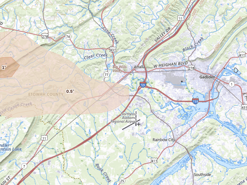 Radar-estimated hail-size map of the storm over Attalla, AL on Feb 26, 2026