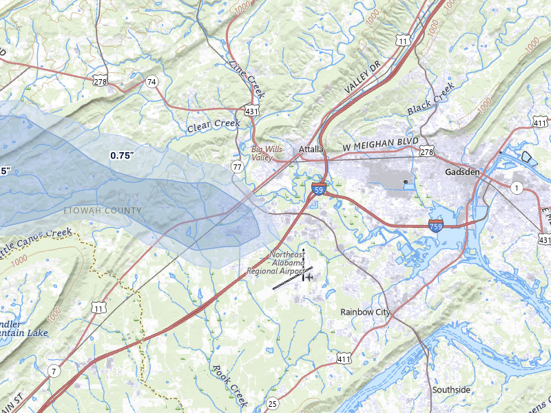 NEXRAD radar-signature map of the hail over Attalla, AL