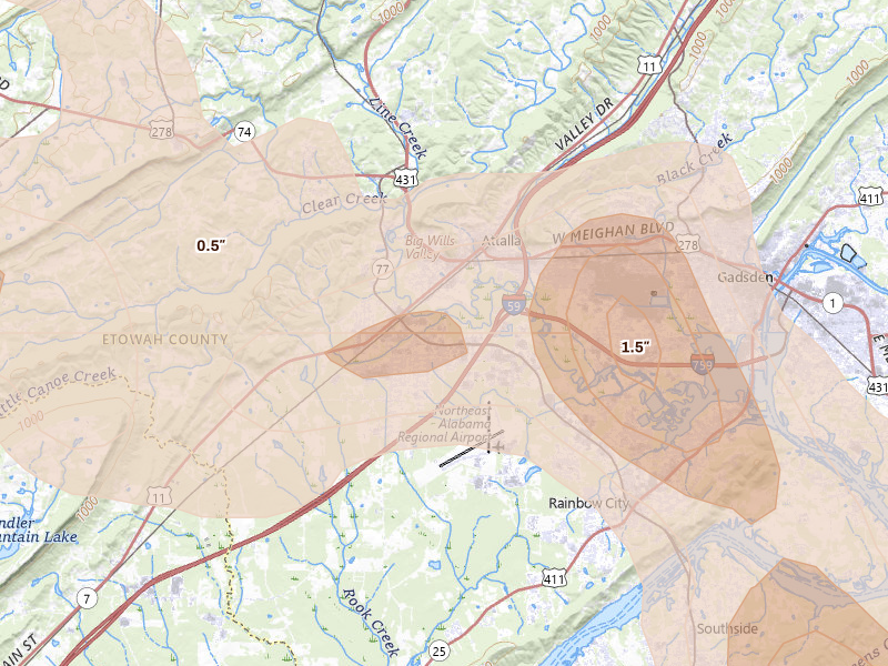 Radar-estimated hail-size map of the storm over Attalla, AL on Jun 1, 2026