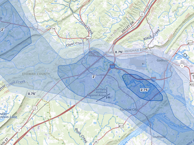 NEXRAD radar-signature map of the hail storm over Attalla, AL on Jun 1, 2026