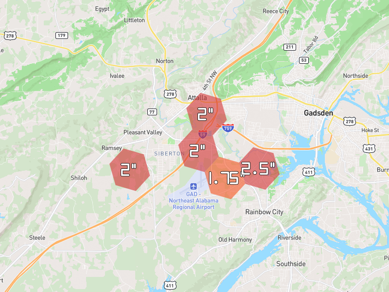 Hail map of Attalla, AL on Jun 1, 2026, hail up to 2.5"