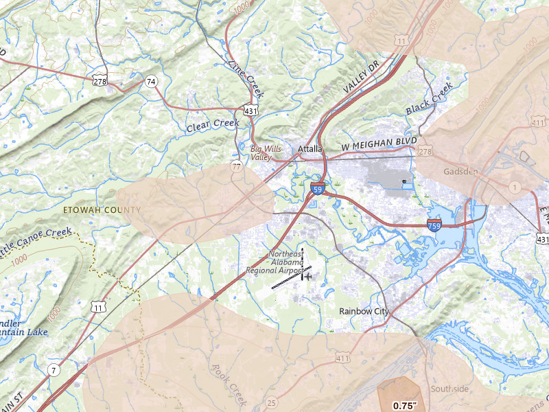 Radar-estimated hail-size map of the storm over Attalla, AL on Jul 1, 2026