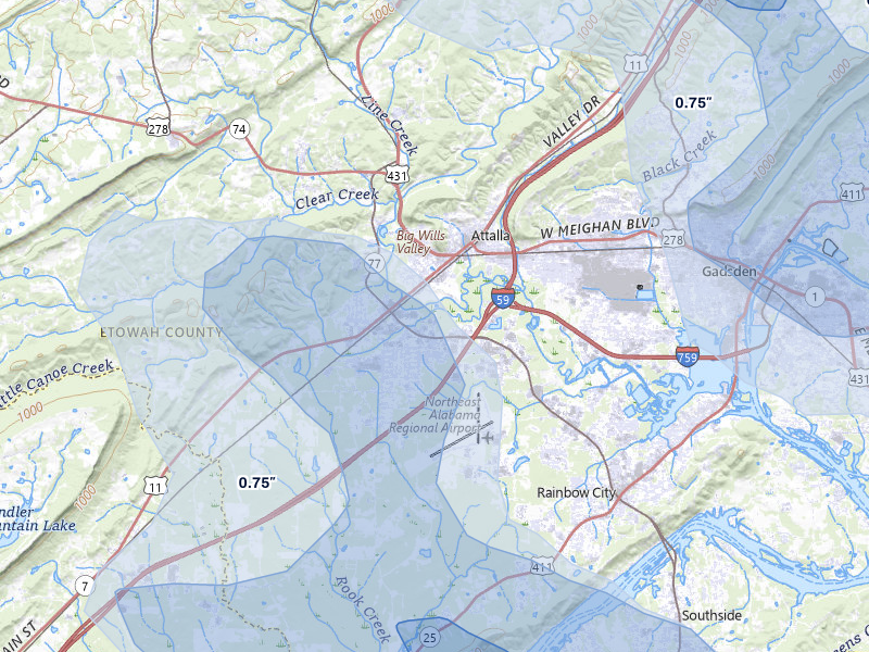 NEXRAD radar-signature map of the hail storm over Attalla, AL on Jul 1, 2026