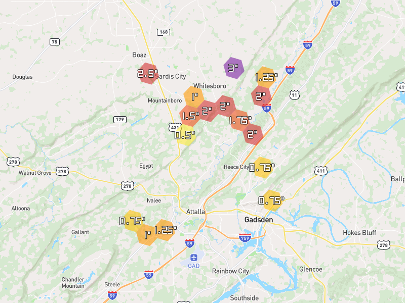 Hail map of Attalla, AL on Jul 1, 2026, hail up to 3"