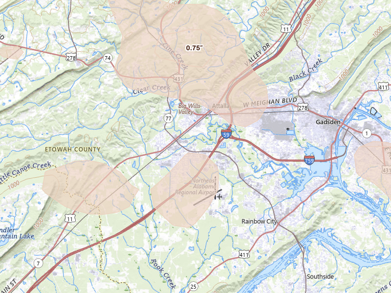 Radar-estimated hail-size map of the storm over Attalla, AL on Jul 2, 2026