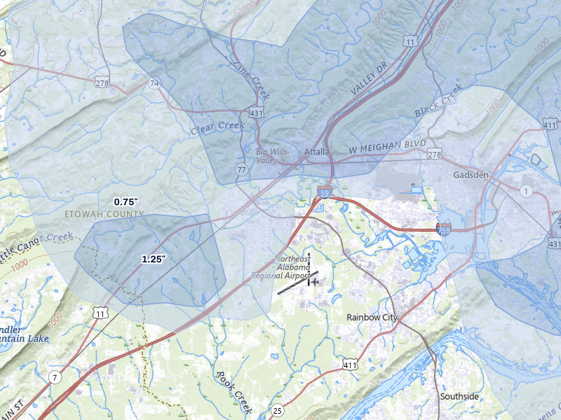 NEXRAD radar-signature map of the hail over Attalla, AL
