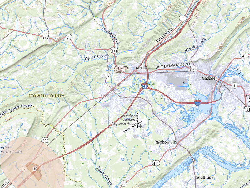 Radar-estimated hail-size map of the storm over Attalla, AL on Jul 3, 2026