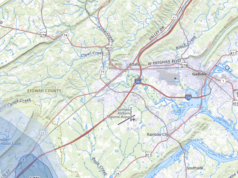 NEXRAD radar-signature map of the hail storm over Attalla, AL on Jul 3, 2026