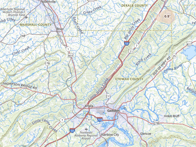 Radar-estimated hail-size map of the storm over Attalla, AL on Jul 19, 2026