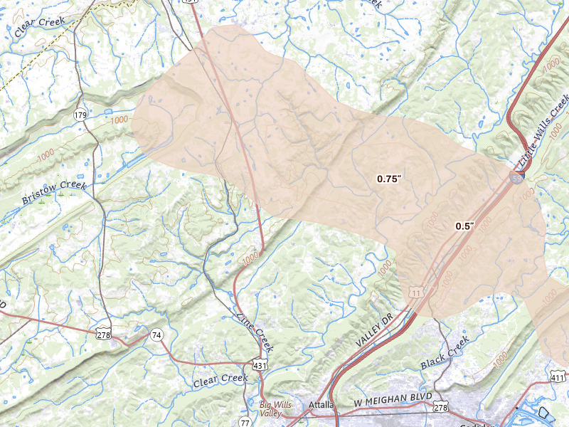 Radar-estimated hail-size map of the storm over Attalla, AL on Aug 11, 2026