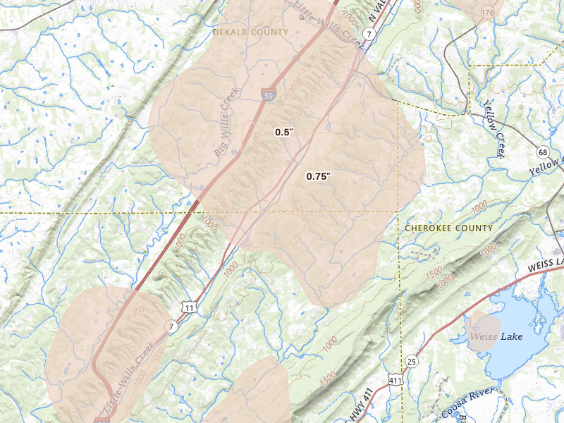 Radar-estimated hail-size map of the storm over Attalla, AL on Aug 20, 2026