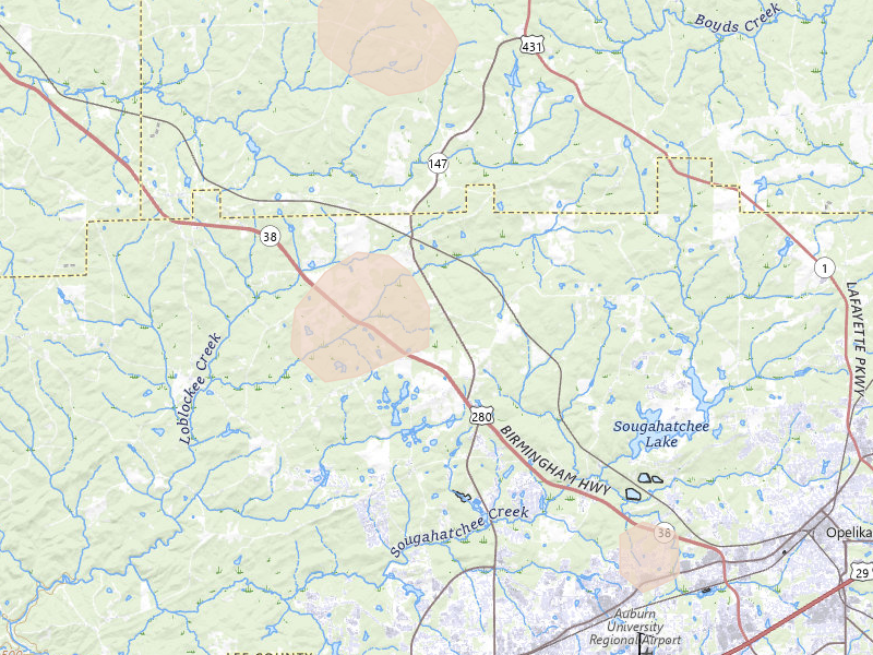 Radar-estimated hail-size map of the storm over Auburn, AL on Jul 9, 2026