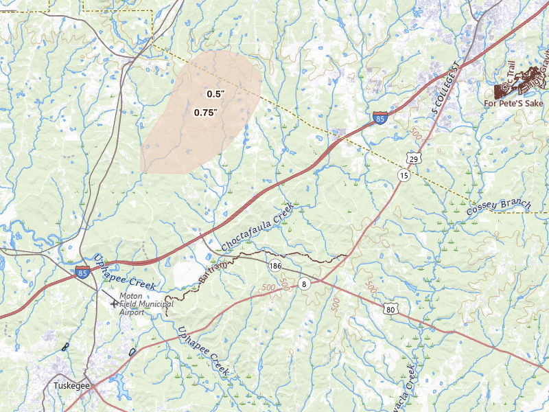 Radar-estimated hail-size map of the storm over Auburn, AL on Aug 28, 2026