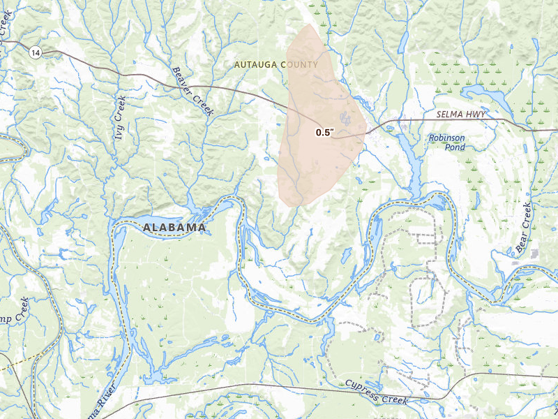 Radar-estimated hail-size map of the storm over Autaugaville, AL on Jul 19, 2026
