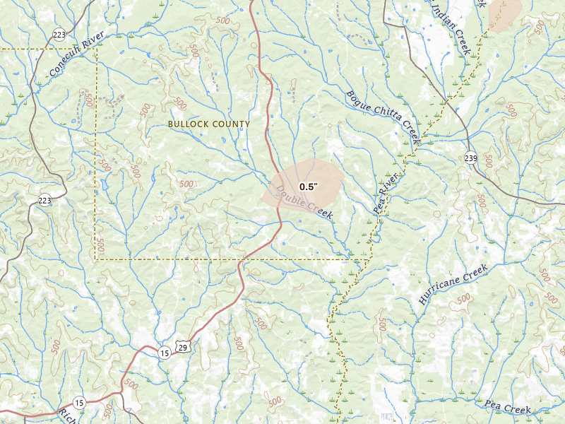 Radar-estimated hail-size map of the storm over Banks, AL on Jun 22, 2026
